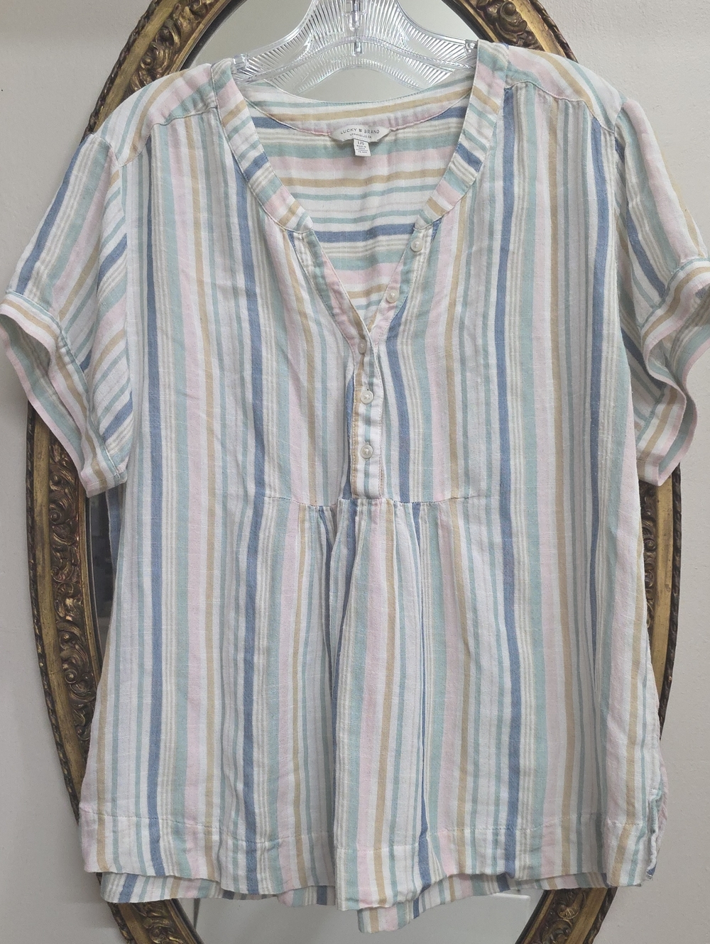 Lucky Brand Striped Short-Sleeve Peasant Top Pastel Casual Women’s Shirt Size M